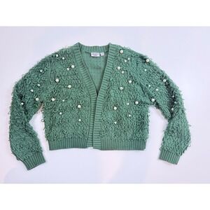 Mighty Fine Green Beaded Textured Knit Cardigan Sweater Women's Small
